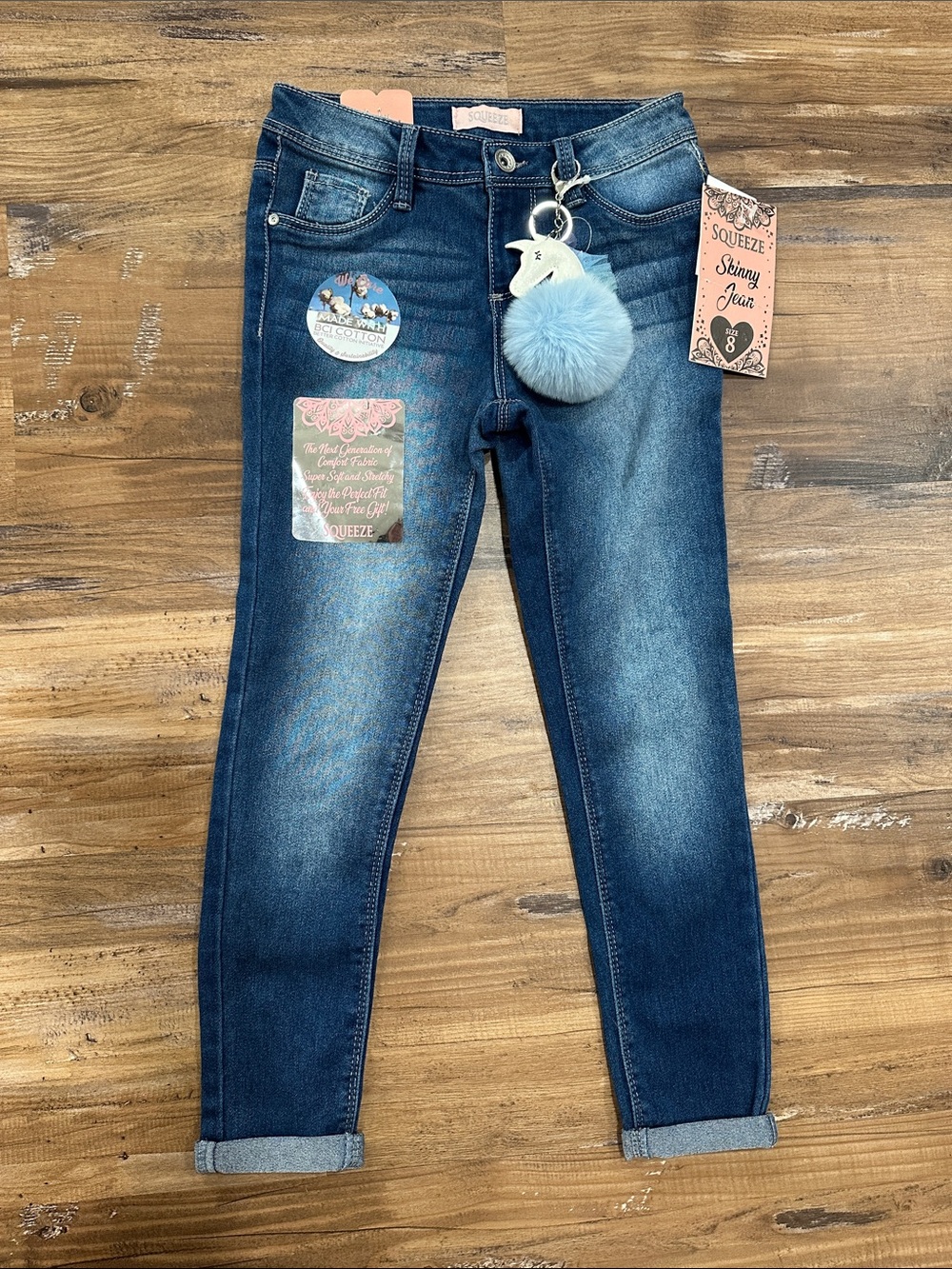 Squeeze Girls Dark Blue Skinny Jeans with Light Blue Pom Keychain